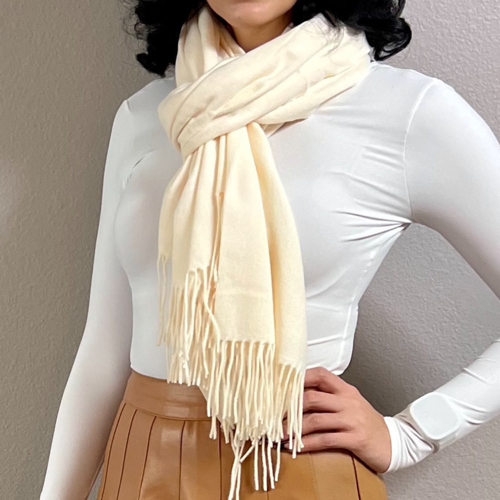 Soft Knit Cream Fringe Hem Scarf